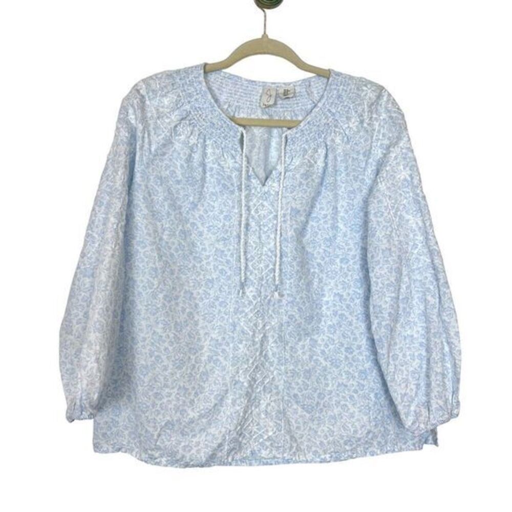 Joie Linen Blouse Womens Medium Blue White Cotton Embroidered Tassel Tie Coastal